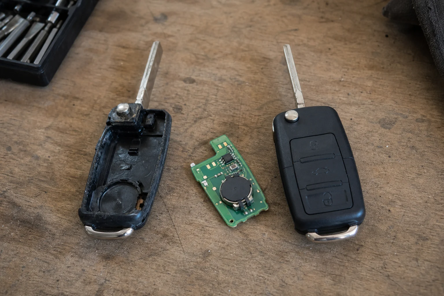 Atidarytas naudotas rakto korpusas ir išimta elektronikos plokštė guli šalia tuščio pakaitinio korpuso.