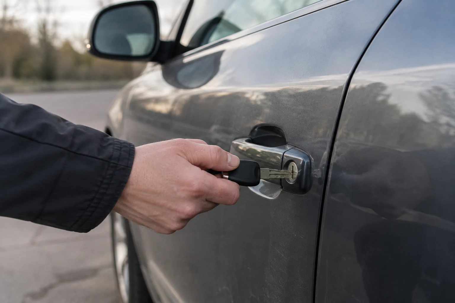 Metalinis atsarginis raktas įkišamas į automobilio durelių spyną.