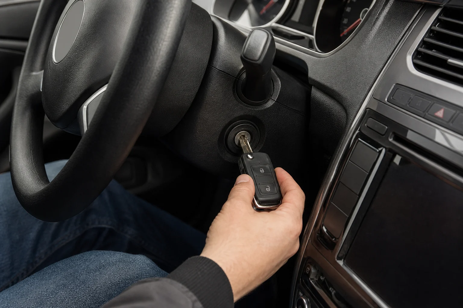 Vairuotojas laiko atsarginį automobilio raktą prie užvedimo spynelės.