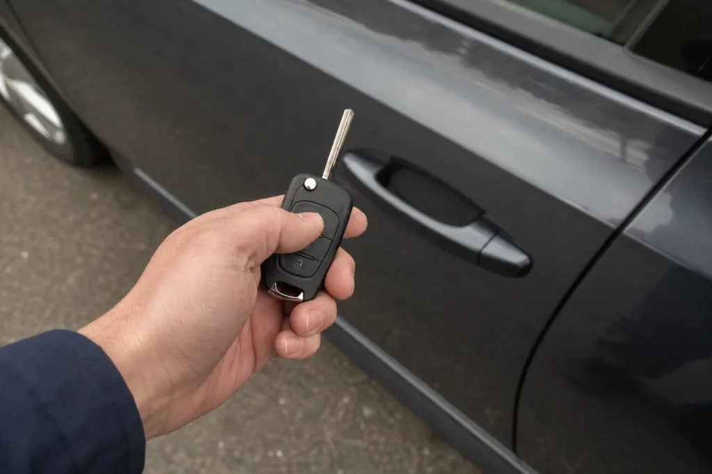 Rankoje laikomas automobilio pultelis šalia automobilio durelių.