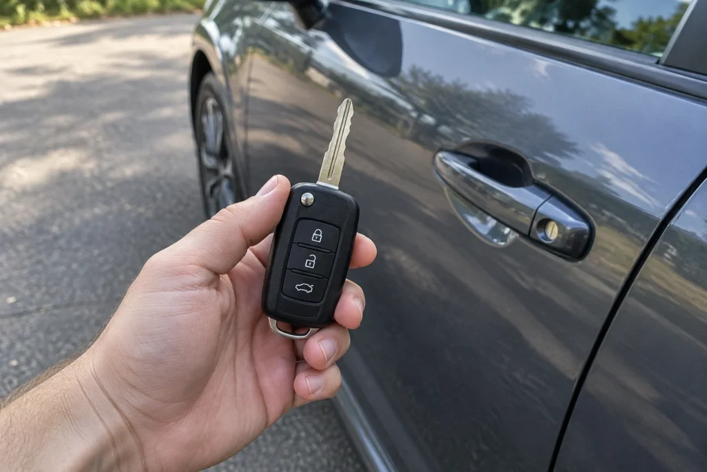 Ranka laiko automobilio raktą su pulteliu prie automobilio durelių.