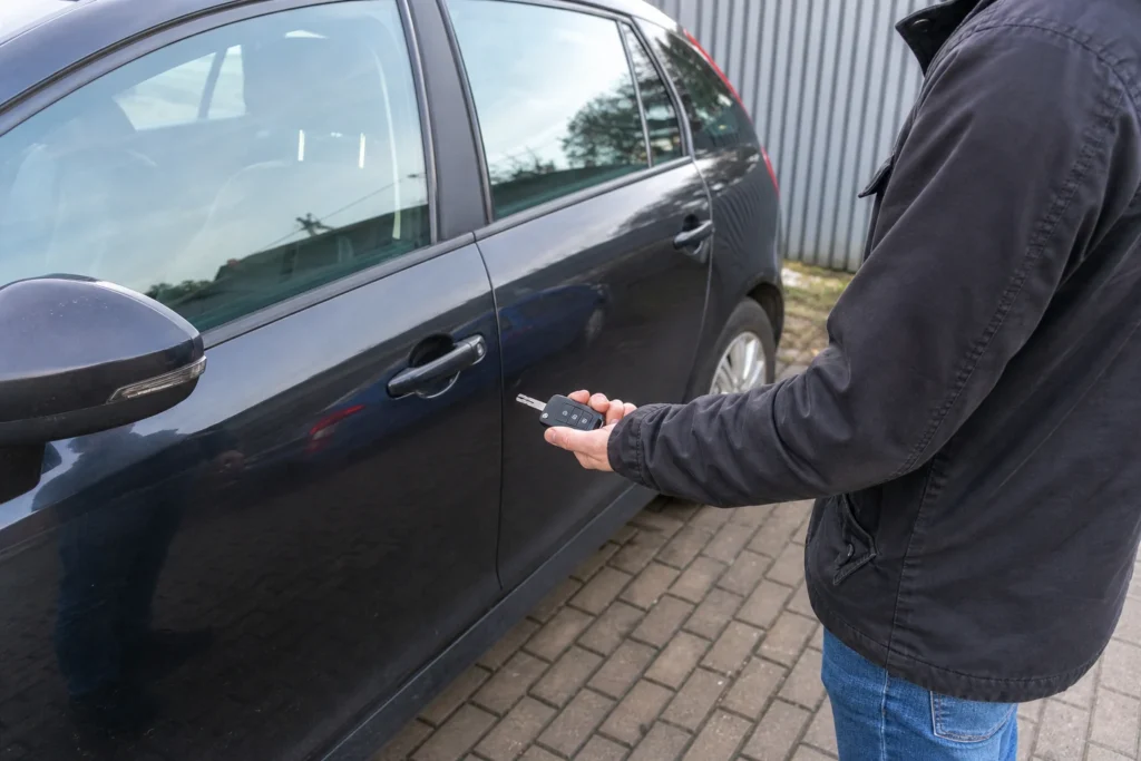 Žmogus laiko automobilio pultelį prie uždarytų vairuotojo durų.