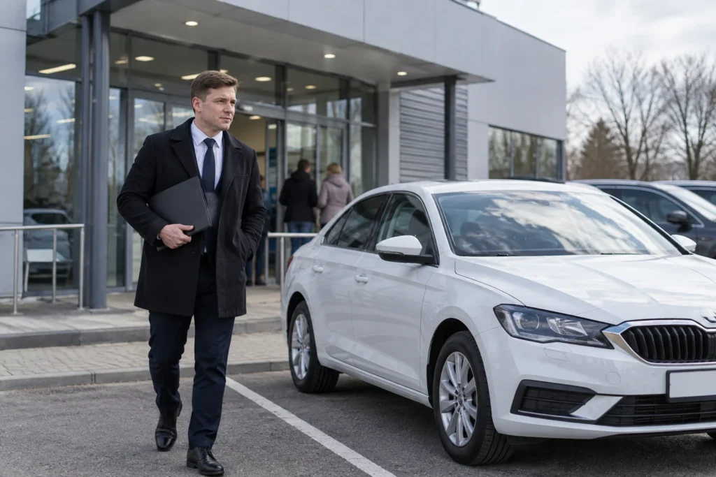 Klientas perduoda du automobilio raktų pultelius specialistui prie darbo stalo.