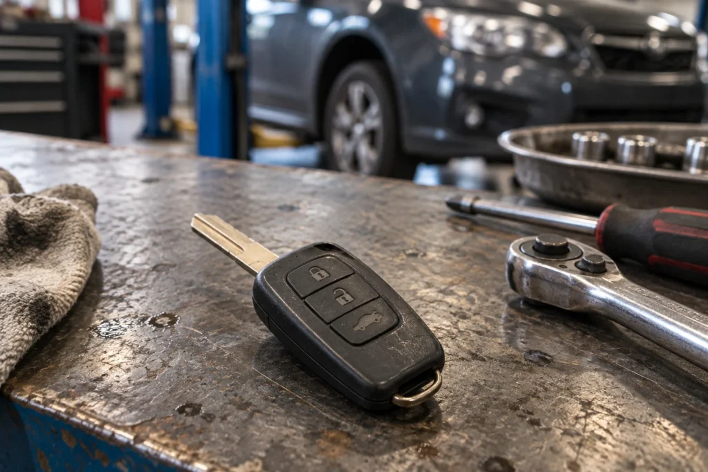Naudotas automobilio nuotolinio valdymo raktas ant autoserviso darbastalio.