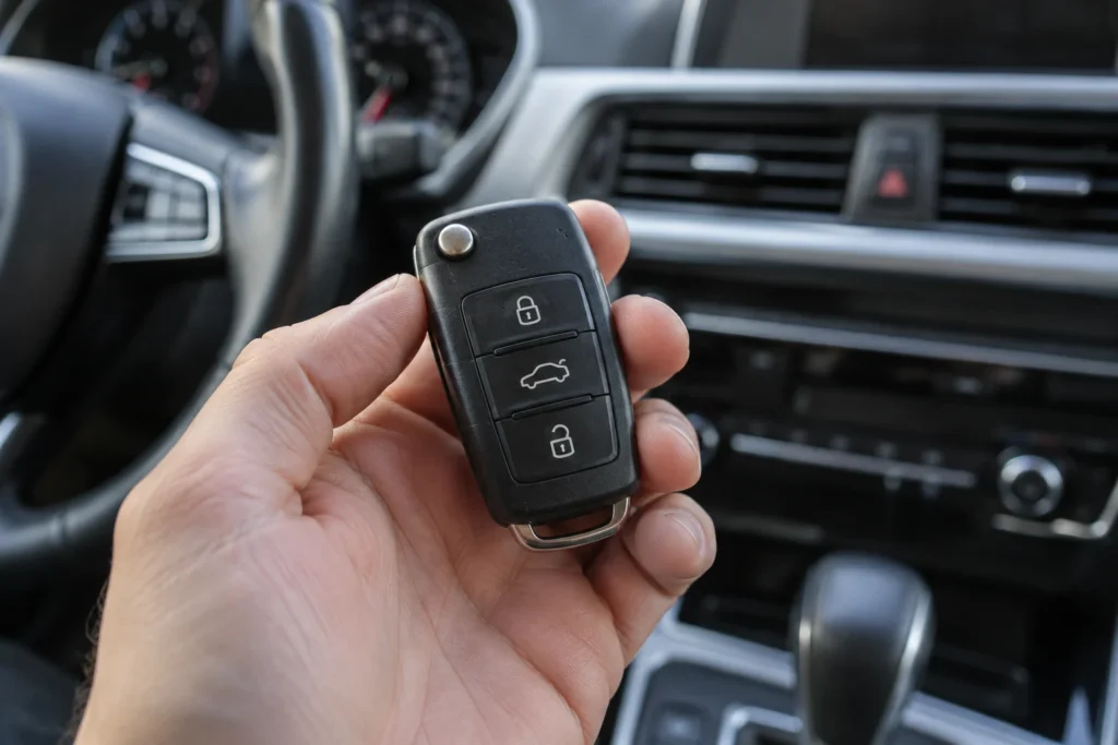 Rankoje laikomas automobilio rakto pultelis be metalinės geležtės.