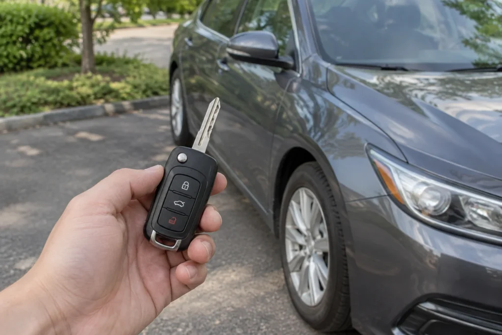 Prie stovinčio automobilio rankoje laikomas nuotolinio valdymo automobilio raktas.