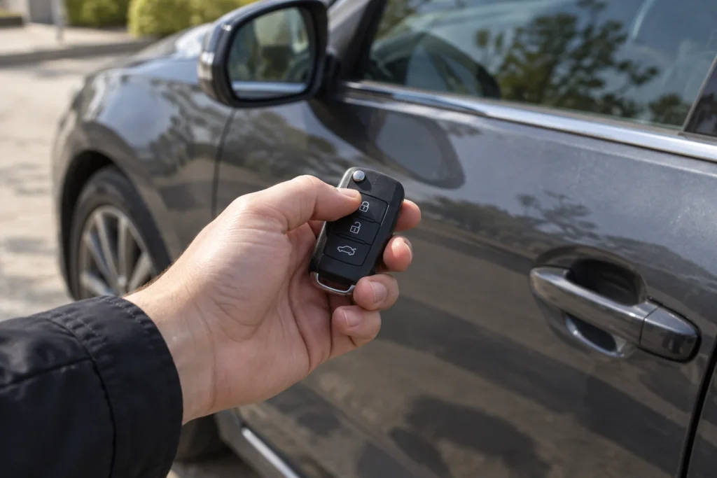 Vairuotojas laiko automobilio pultelį šalia stovinčio automobilio.