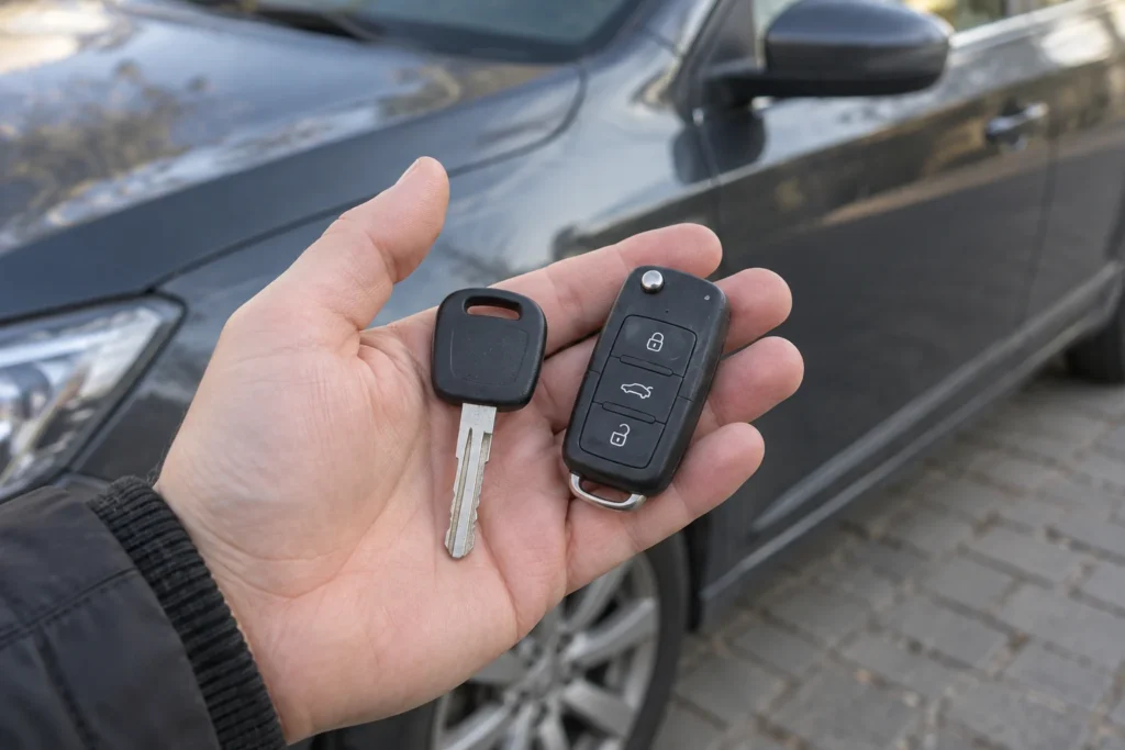 Rankoje laikomas automobilio raktas ir atskiras nuotolinio valdymo pultelis.