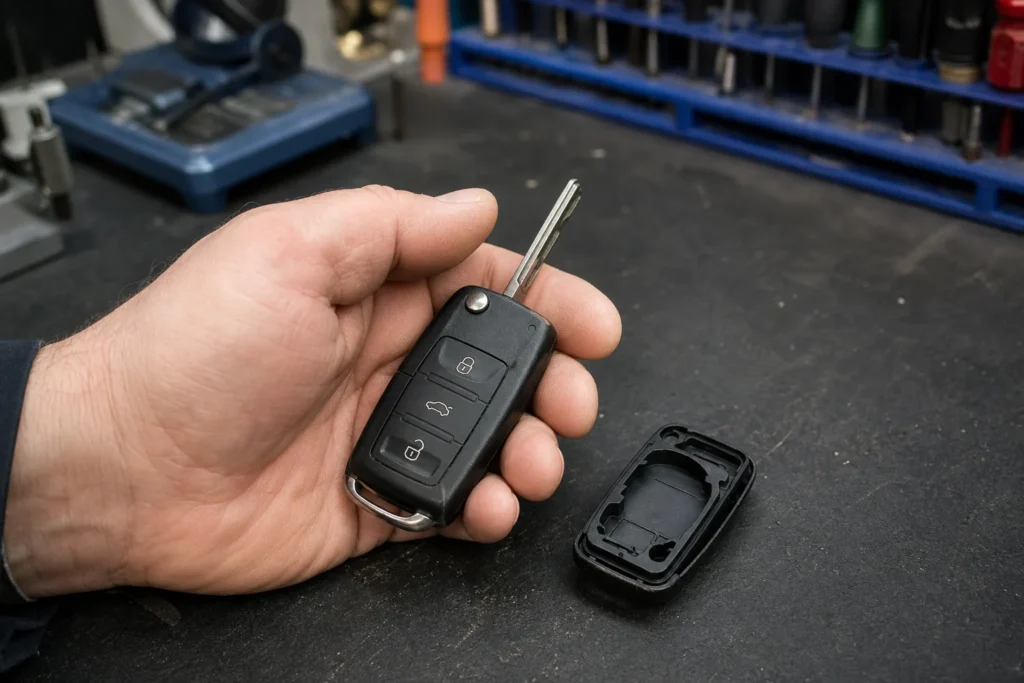 Ranka laiko automobilio pultelį šalia tuščio pakaitinio korpuso ant darbo stalo.
