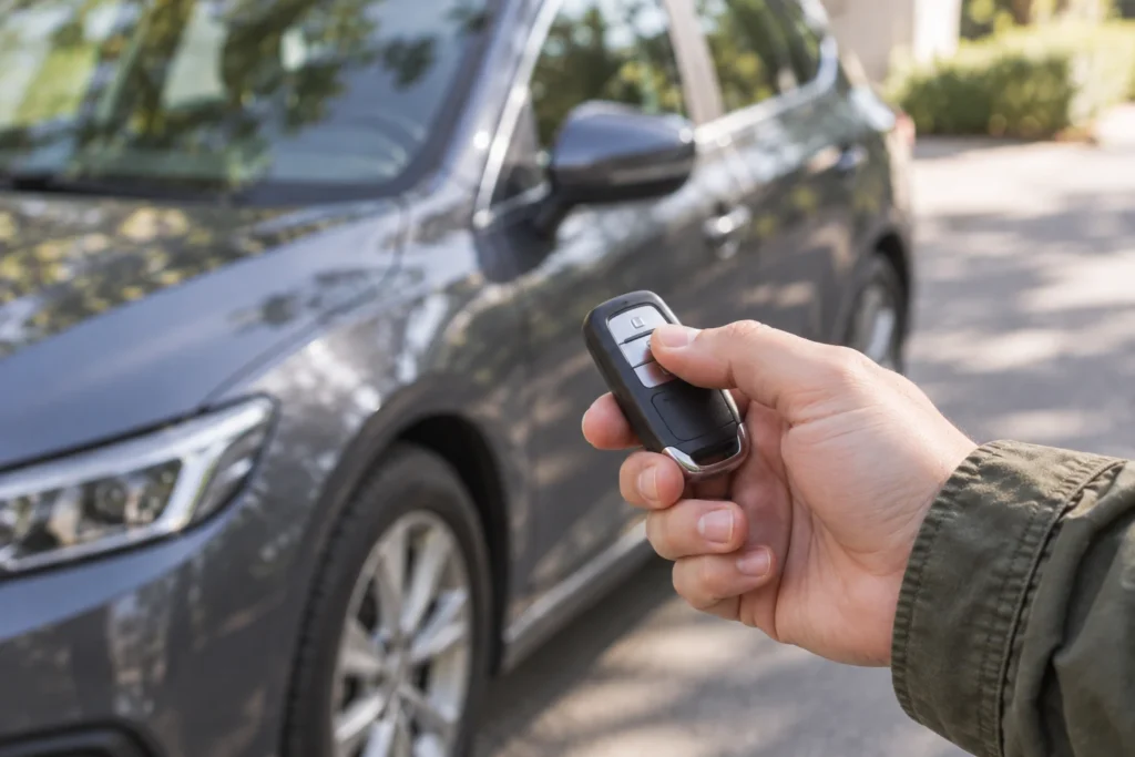 Ranka laiko automobilio pultelį šalia stovinčio automobilio.