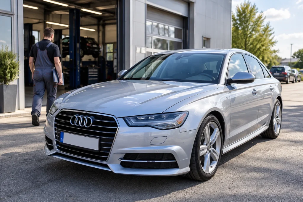 Ranka laiko automobilio raktą su mygtukais prie automobilio durelių.