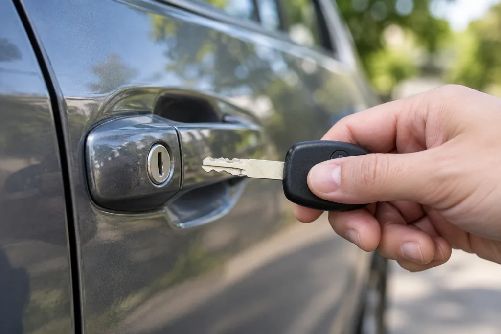 Ranka laiko automobilio raktą prie durų spynos.