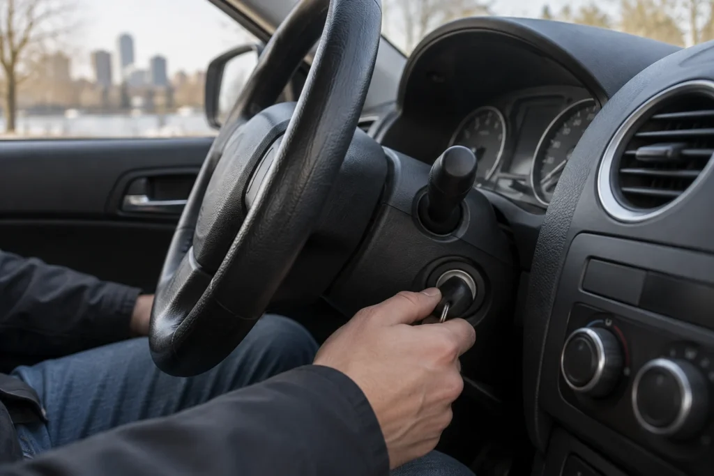 Žmogus prie automobilio vairuotojo durelių laiko naudotą automobilio raktą.