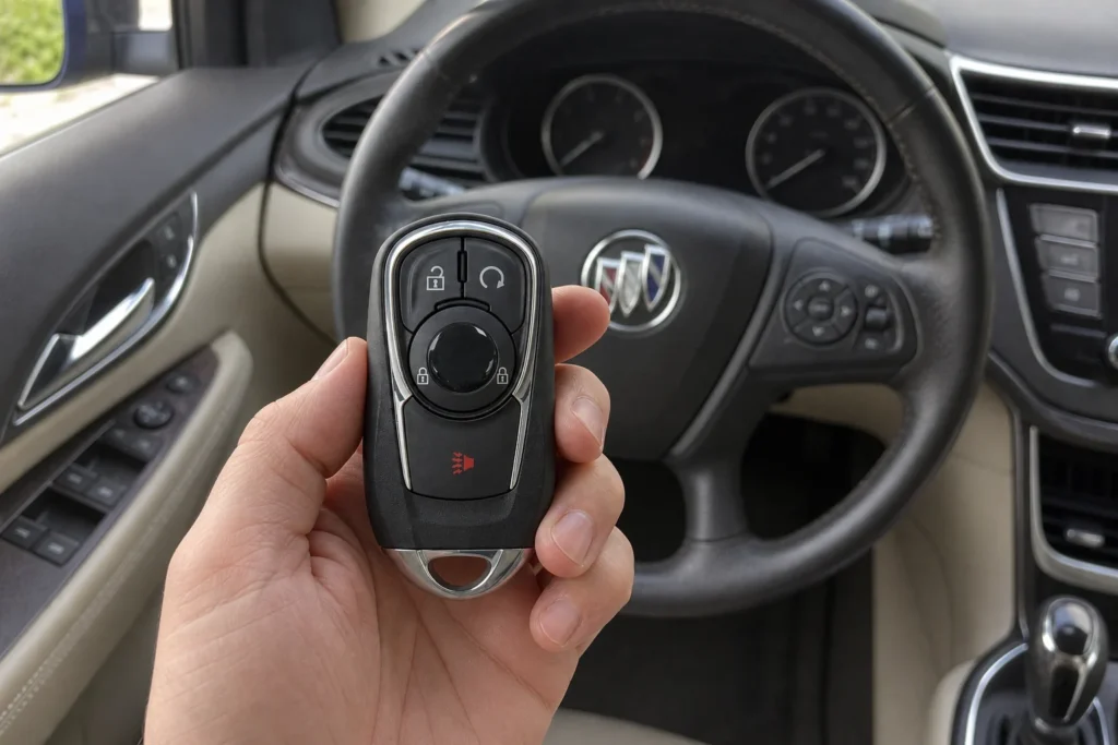 Ranka laiko automobilio nuotolinio valdymo raktą prie vairuotojo vietos.