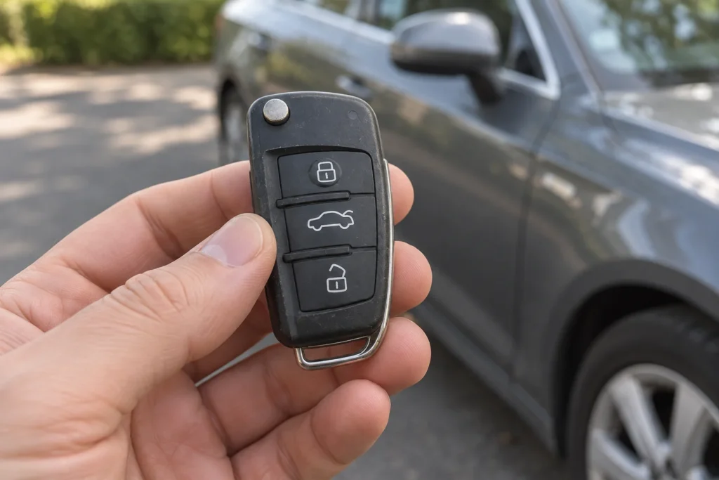 Vairuotojo rankoje laikomas nusidėvėjęs automobilio nuotolinio valdymo raktas šalia automobilio.