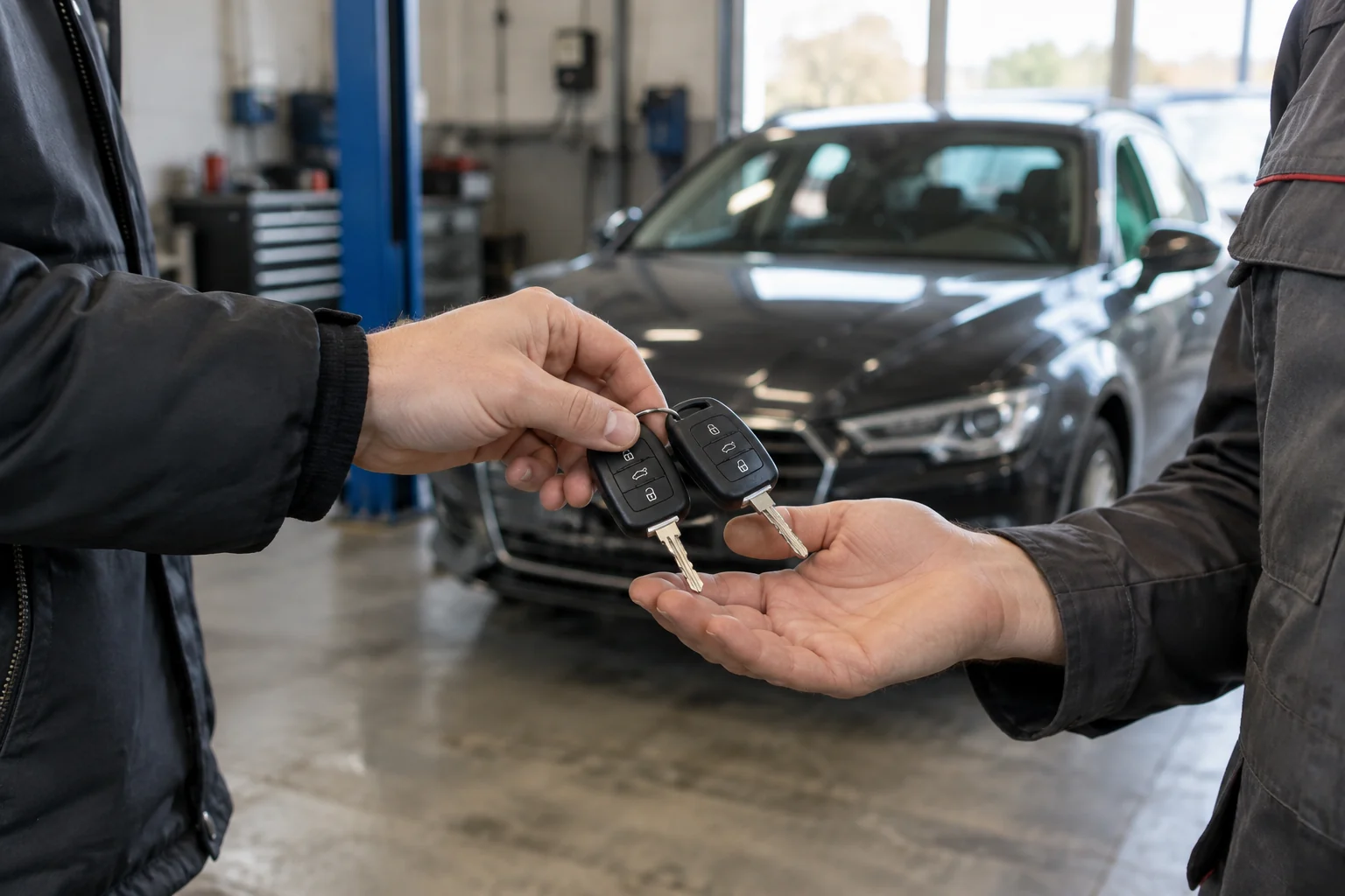 Automobilio savininkas perduoda du raktelius specialistui patikrinti.