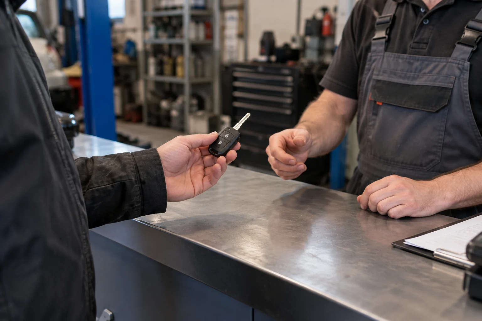 Klientas rodo automobilio raktą specialistui prie dirbtuvės prekystalio.