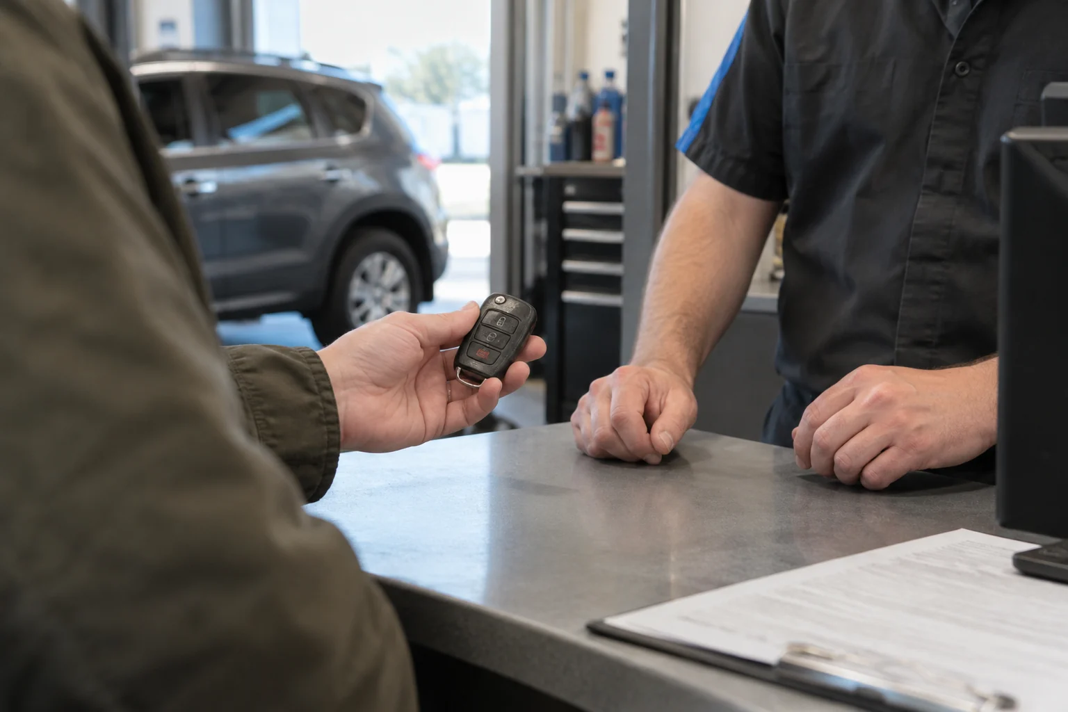 Klientas prie aptarnavimo stalo rodo specialistui nusidėvėjusį automobilio rakto pultelį.