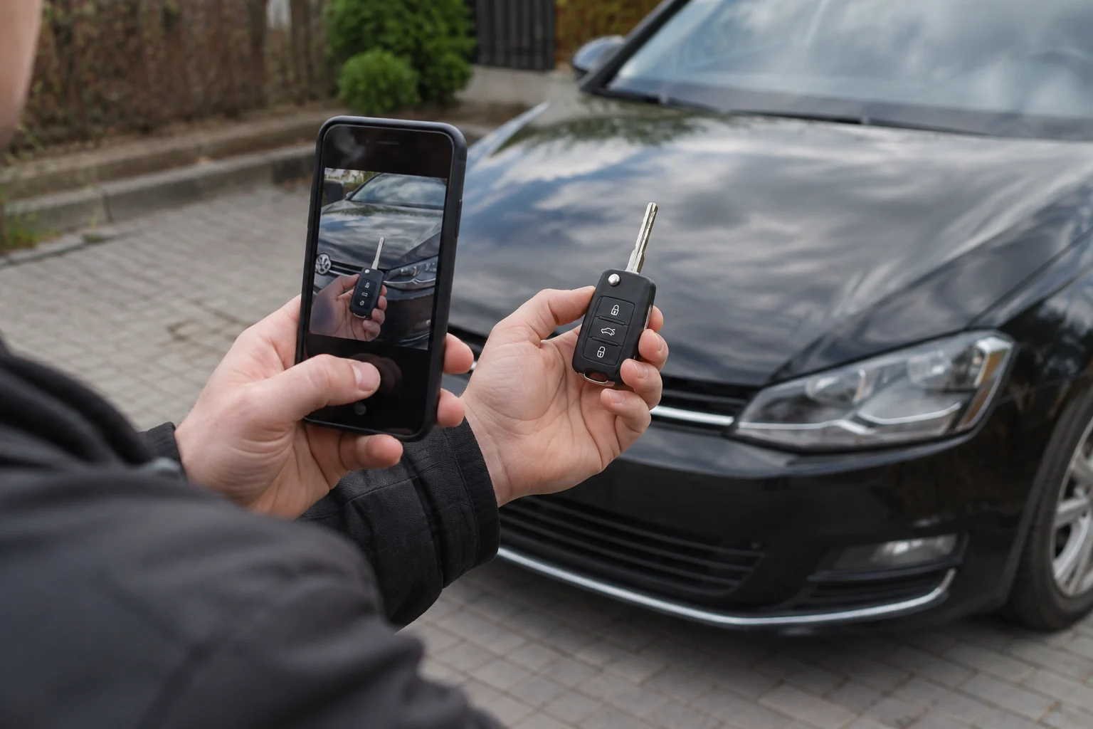 Automobilio savininkas fotografuoja turimą raktą prie savo automobilio.
