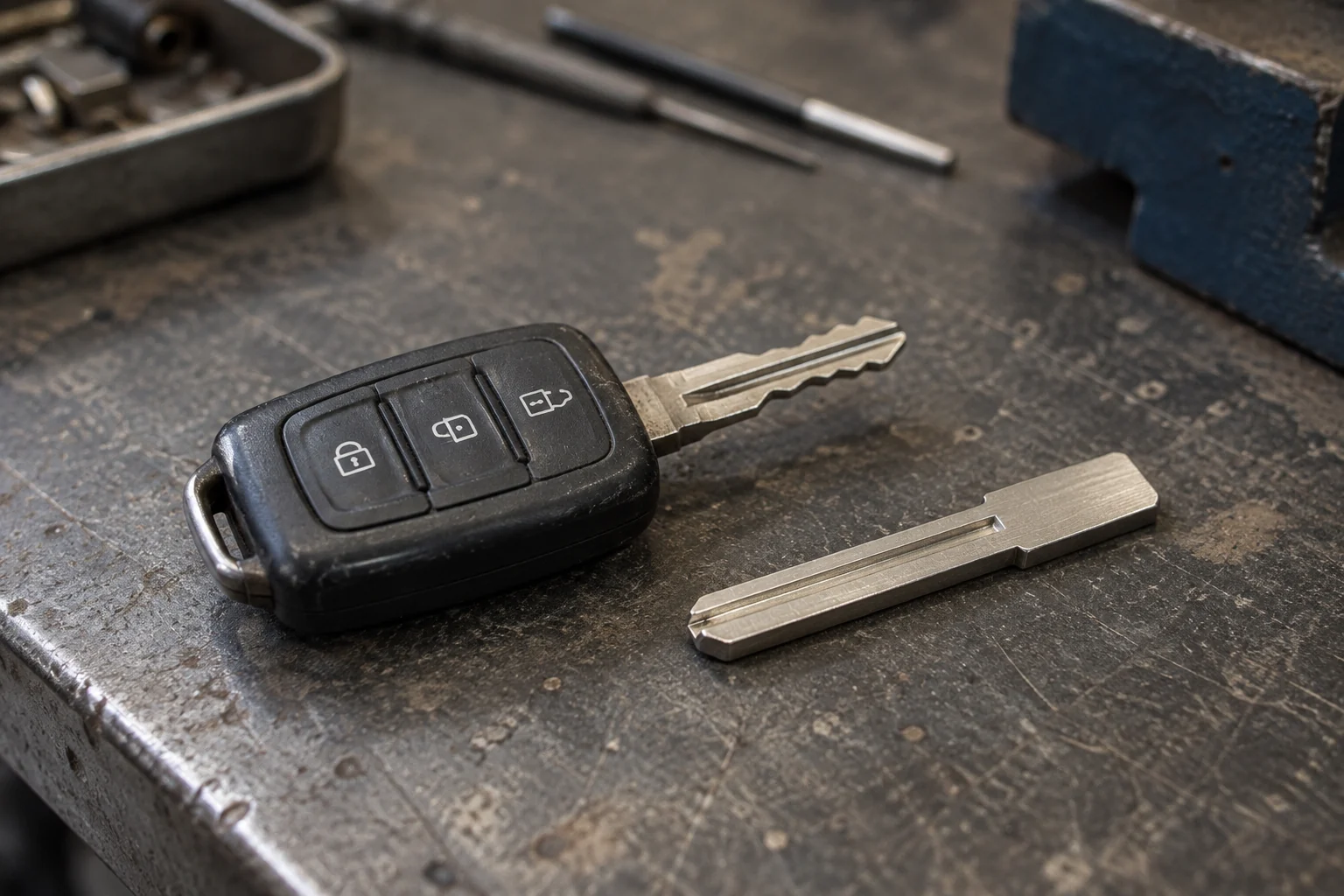Naudotas automobilio raktas su pjūvį turinčia geležte šalia atskiro ruošinio.
