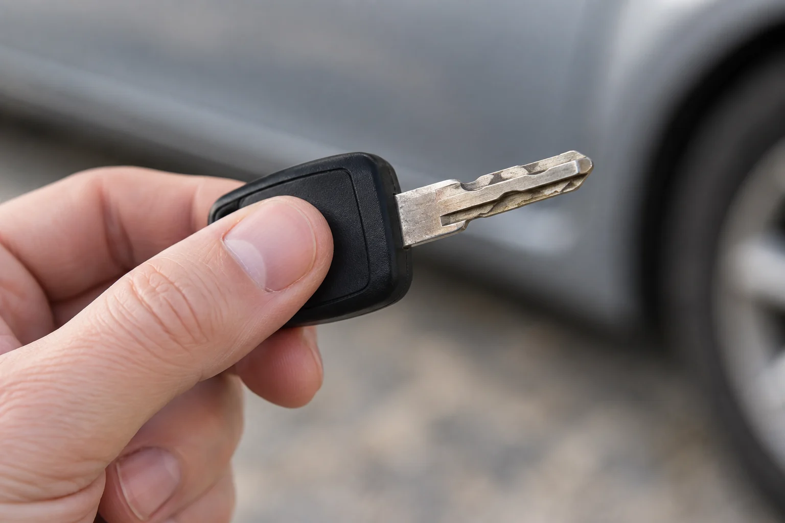 Pirštais laikoma naudota metalinė automobilio rakto geležtė.