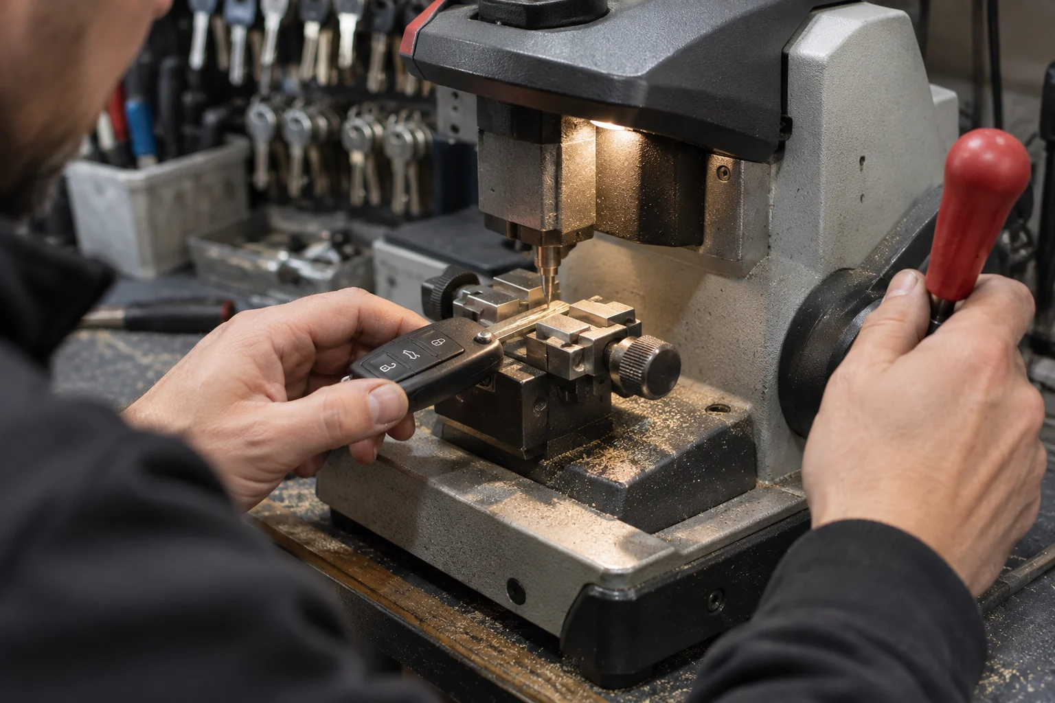 Automobilių raktų dirbtuvėse pjaunama mechaninė rakto geležtė.