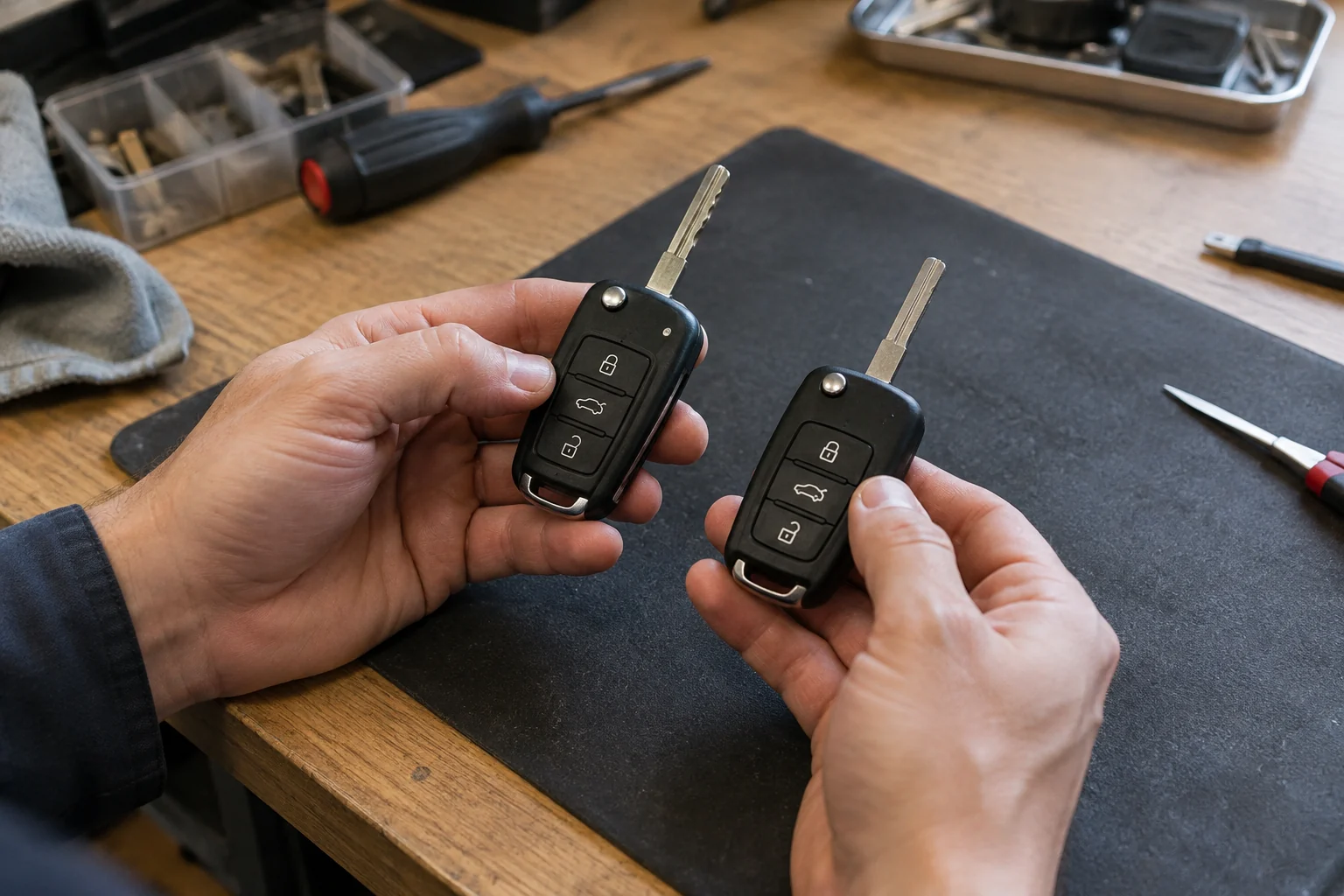 Ant darbo stalo lyginami du automobilio rakto korpusai su skirtingu mygtukų išdėstymu.