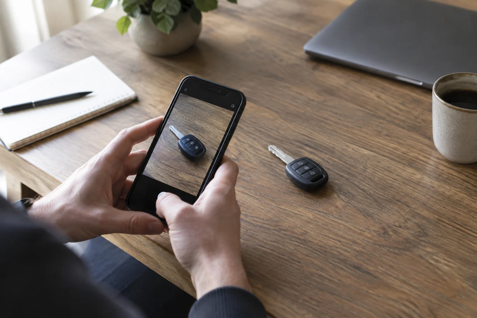 Žmogus telefonu fotografuoja ant stalo padėtą automobilio raktą.