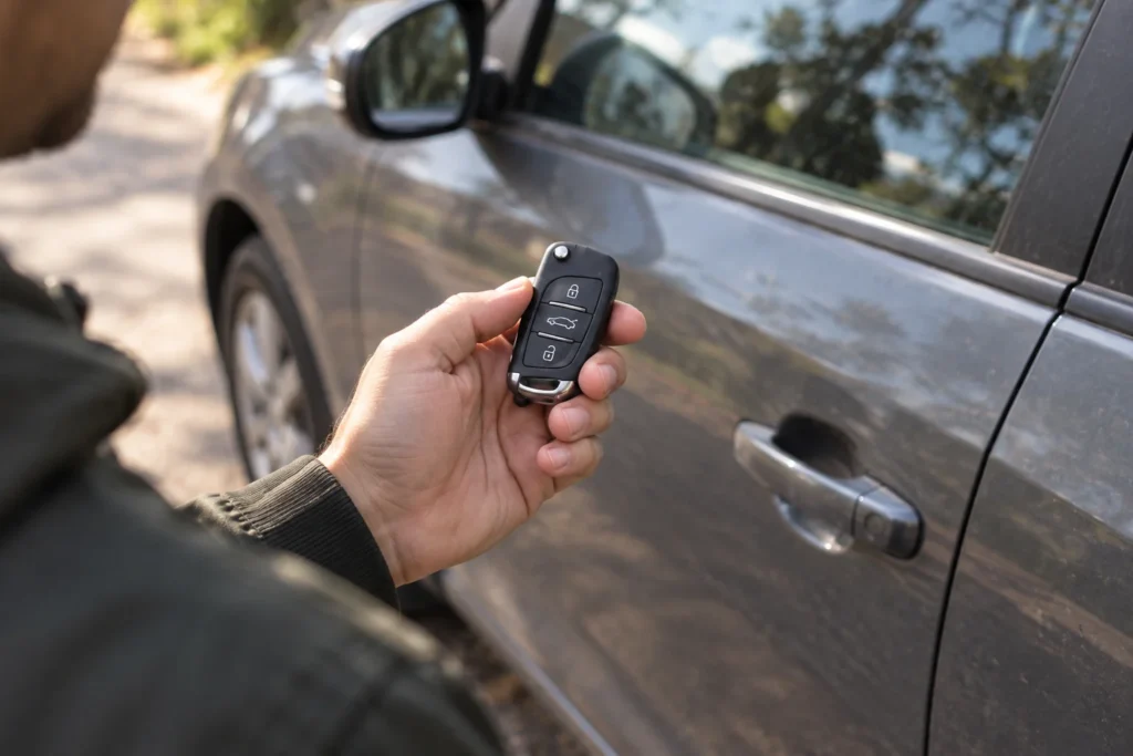Vairuotojas prie automobilio apžiūri rankoje laikomą rakto pultelį.