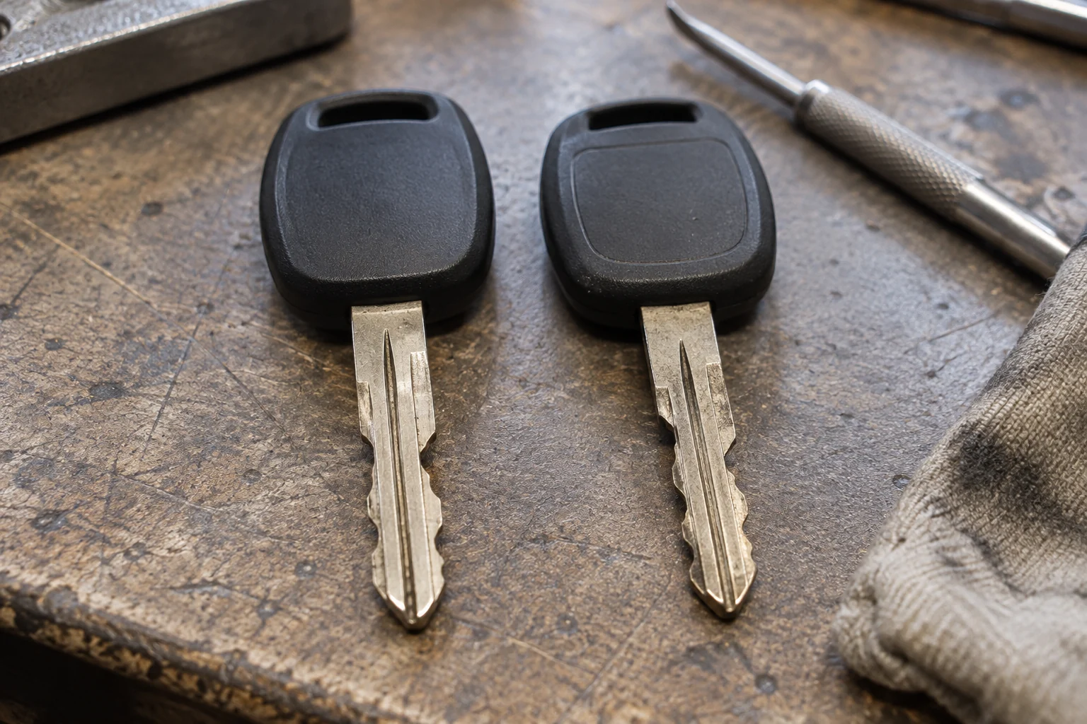Ant darbastalio lyginamos dviejų automobilio raktų geležtės.