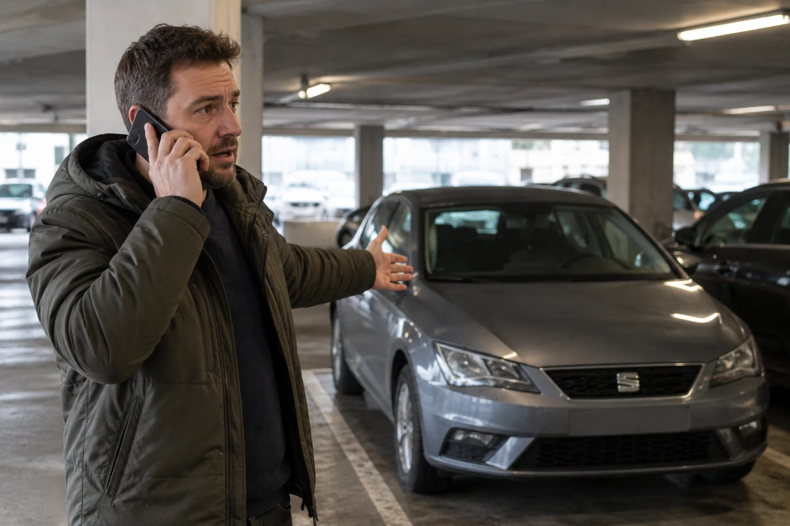 Vairuotojas telefonu apibūdina automobilio vietą dengtoje aikštelėje.