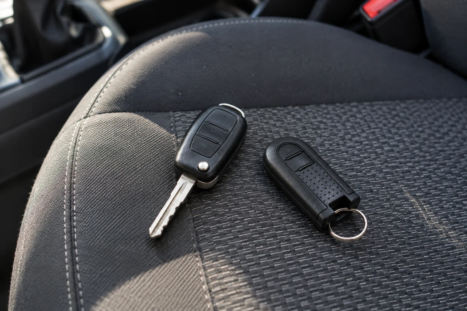 Du automobilio raktai guli greta ant sėdynės.