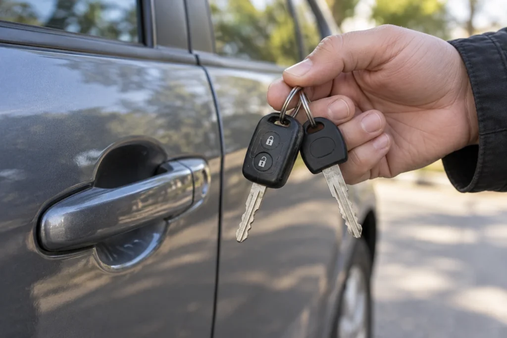 Ranka laiko du skirtingus automobilio raktus prie automobilio durų.
