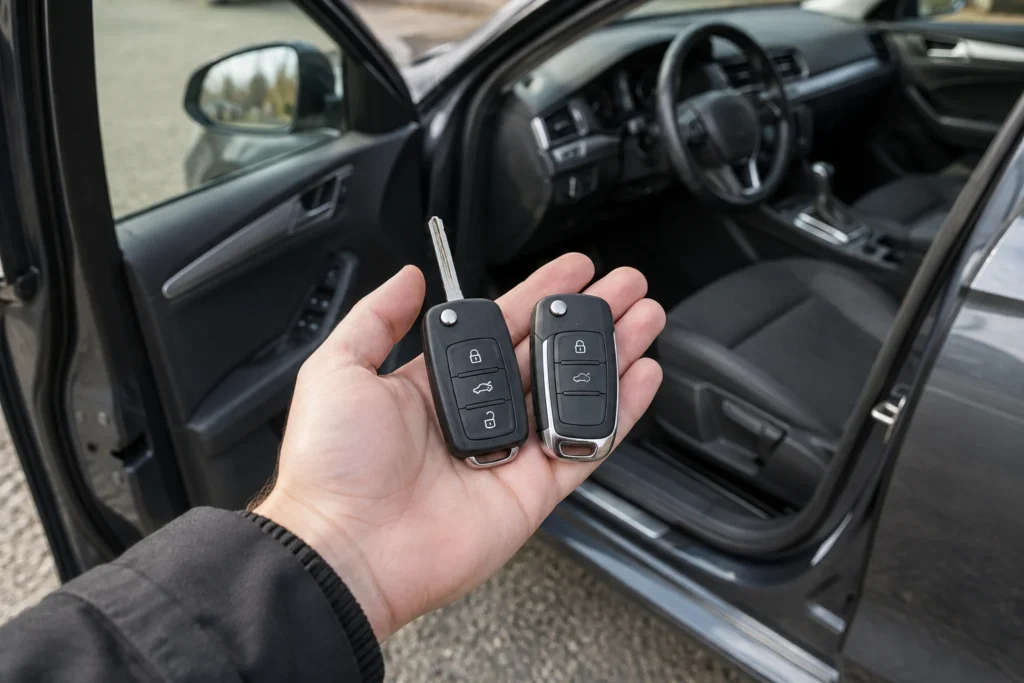 Du automobilio rakteliai delne prie atidarytų automobilio durelių.