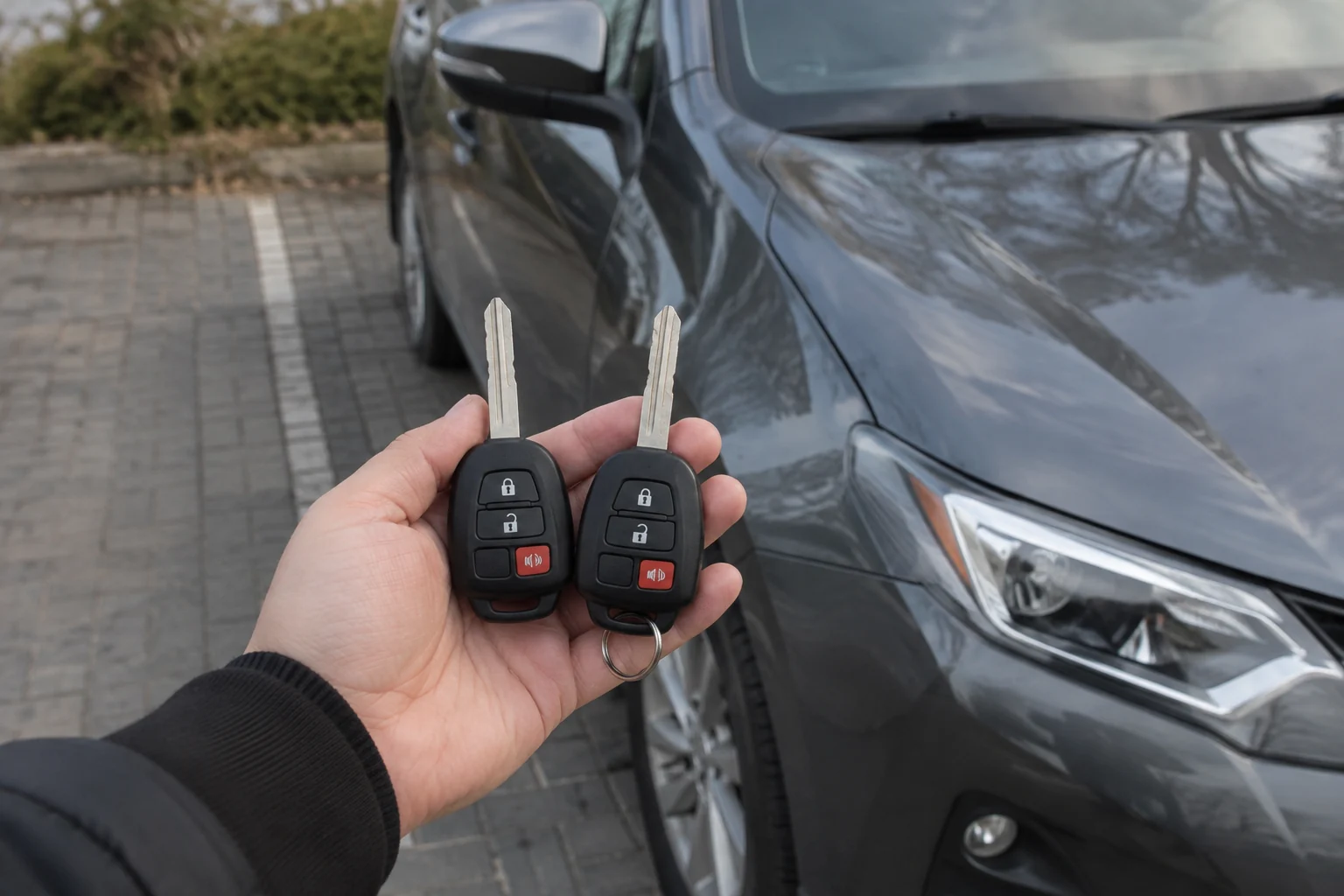 Du automobilio pulteliai laikomi greta stovinčio automobilio.