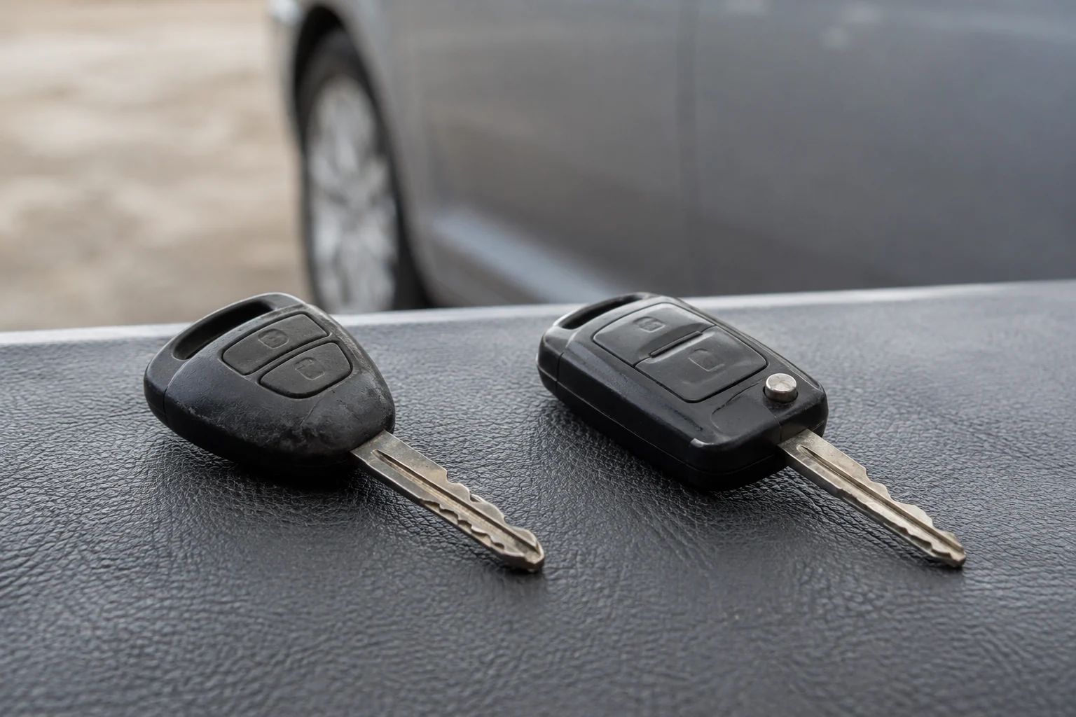 Du naudoti automobilio raktai padėti greta, matomos jų metalinės geležtės.