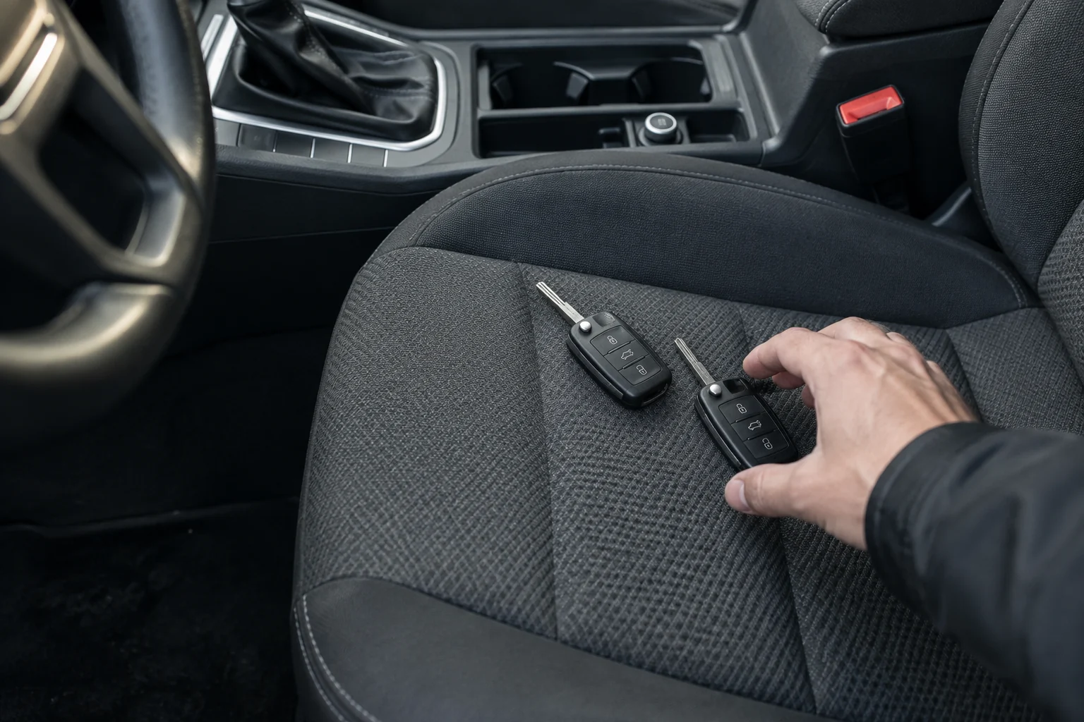 Du automobilio raktai padėti greta ant sėdynės, ranka siekia vieno iš jų.