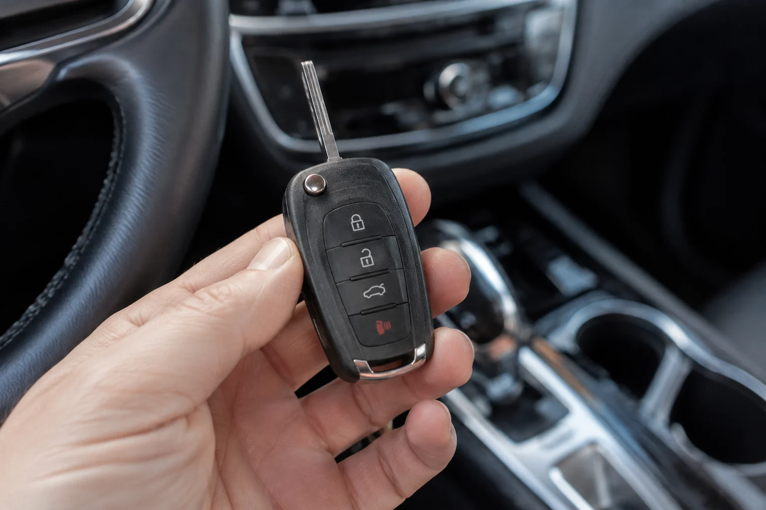 Automobilio rakto pultelis apžiūrimas ir fotografuojamas iš arti.