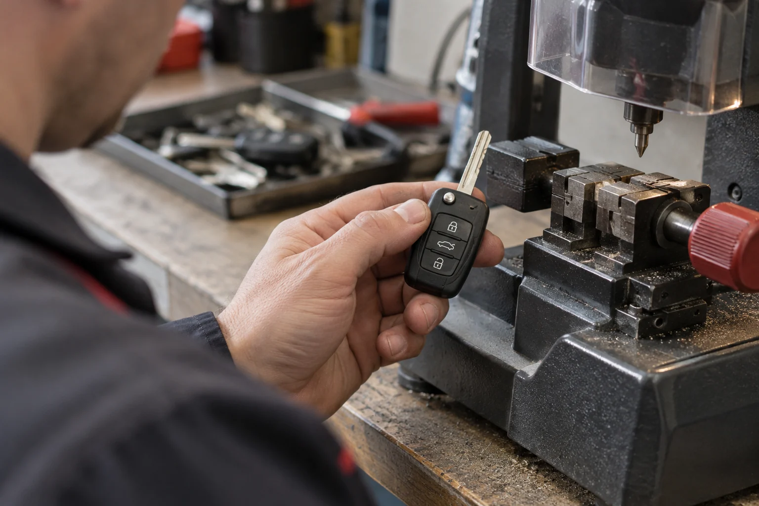 Specialistas laiko naudotą mechaninį automobilio raktą prie raktų pjovimo staklių.