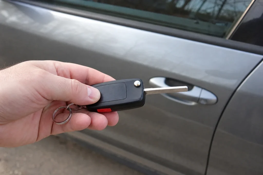 Rankoje laikomas automobilio raktas su neišpjauta metaline geležte prie automobilio durelių.