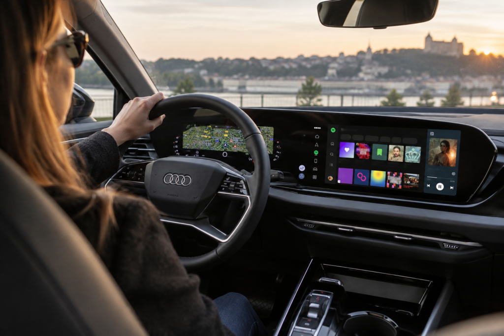 „Audi“ „Spotify“ programėlė veiks be telefono, o vaizdo įrašai ir dainų žodžiai – tik stovint