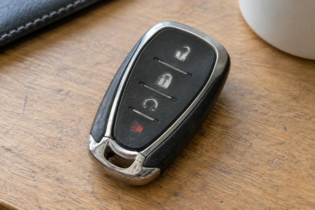 Ant darbo stalo padėtas automobilio rakto pultelis su apsitrynusiais mygtukais.