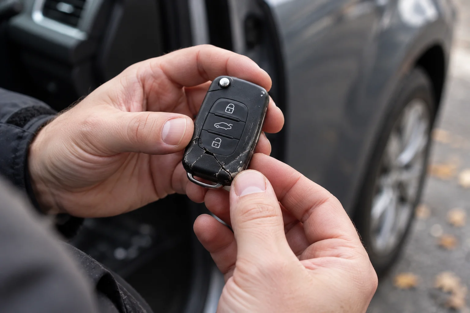 Rankose apžiūrimas nusidėvėjęs automobilio raktas su įskilusiu korpusu ir matomais mygtukais.