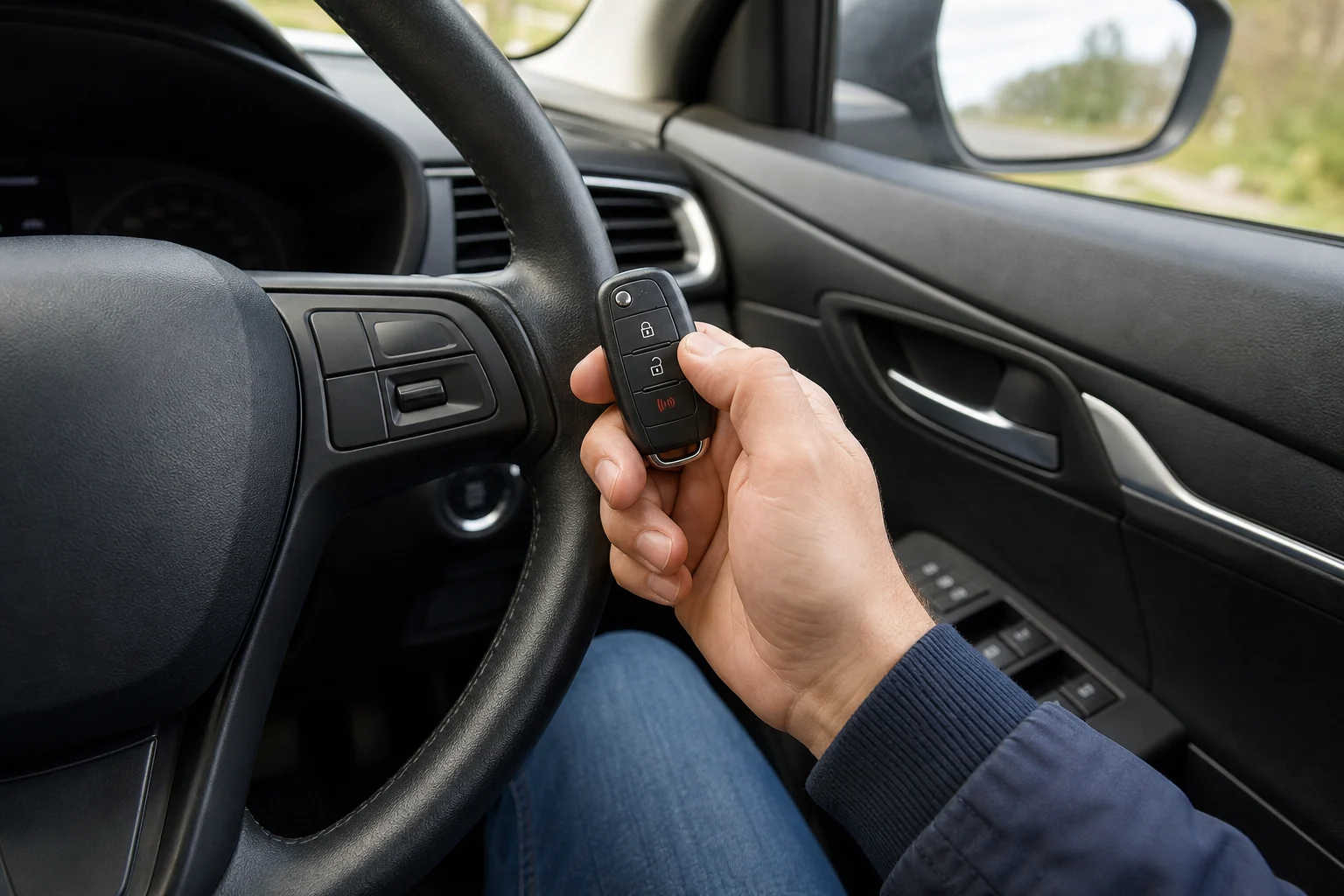 Vairuotojas laiko paruoštą rakto pultelį prie automobilio vairo.