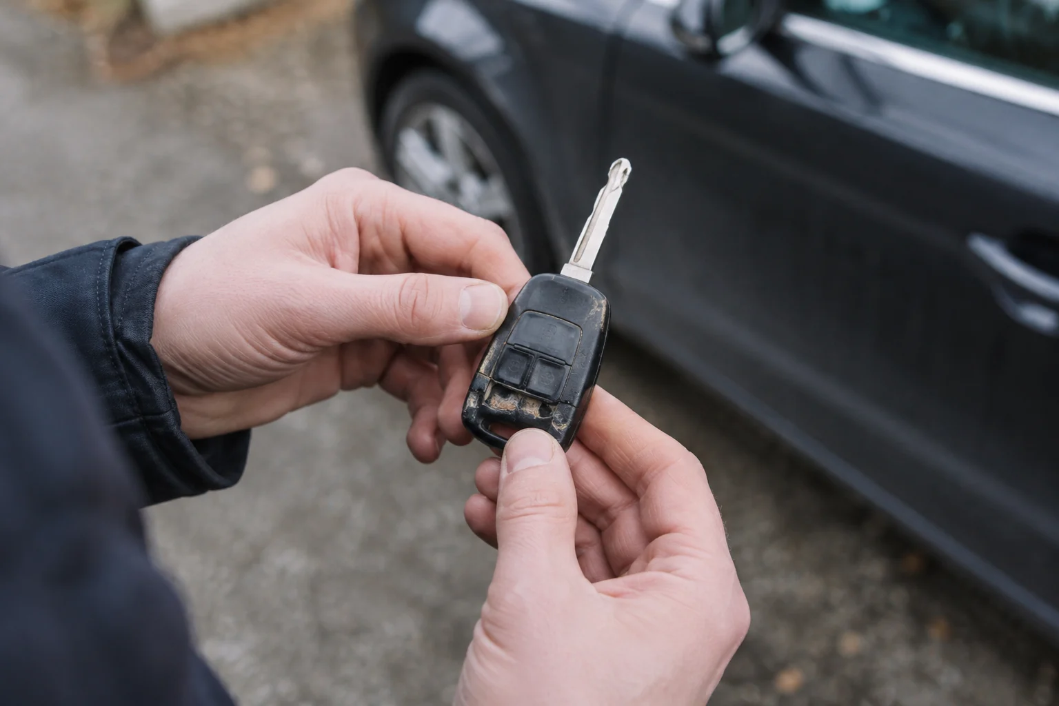 Žmogus apžiūri automobilio raktą su pažeistu korpusu.