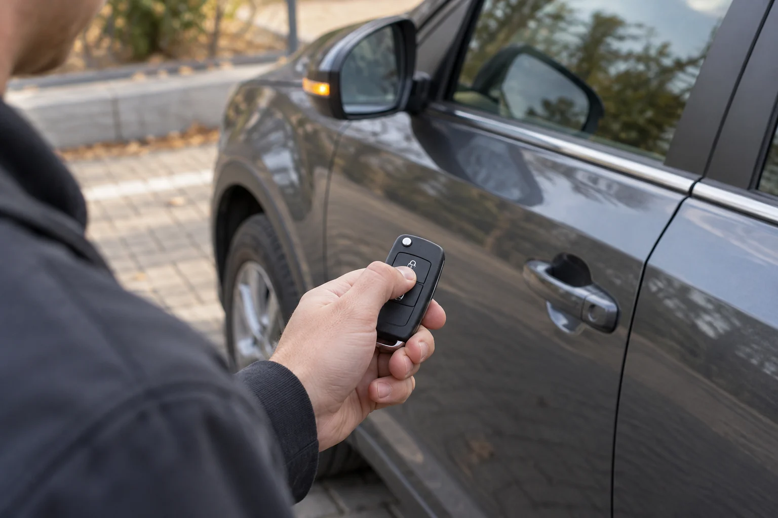 Žmogus prie automobilio spaudžia pultelio mygtuką.
