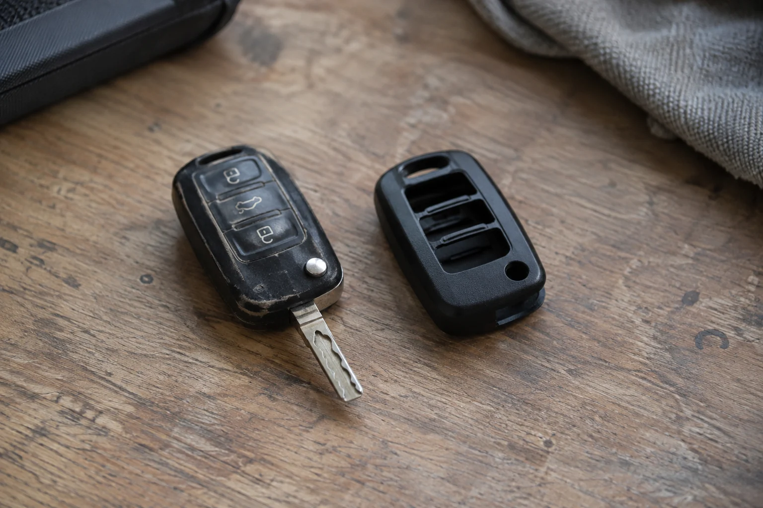 Nusidėvėjęs automobilio pultelis padėtas greta tuščio pakaitinio korpuso.
