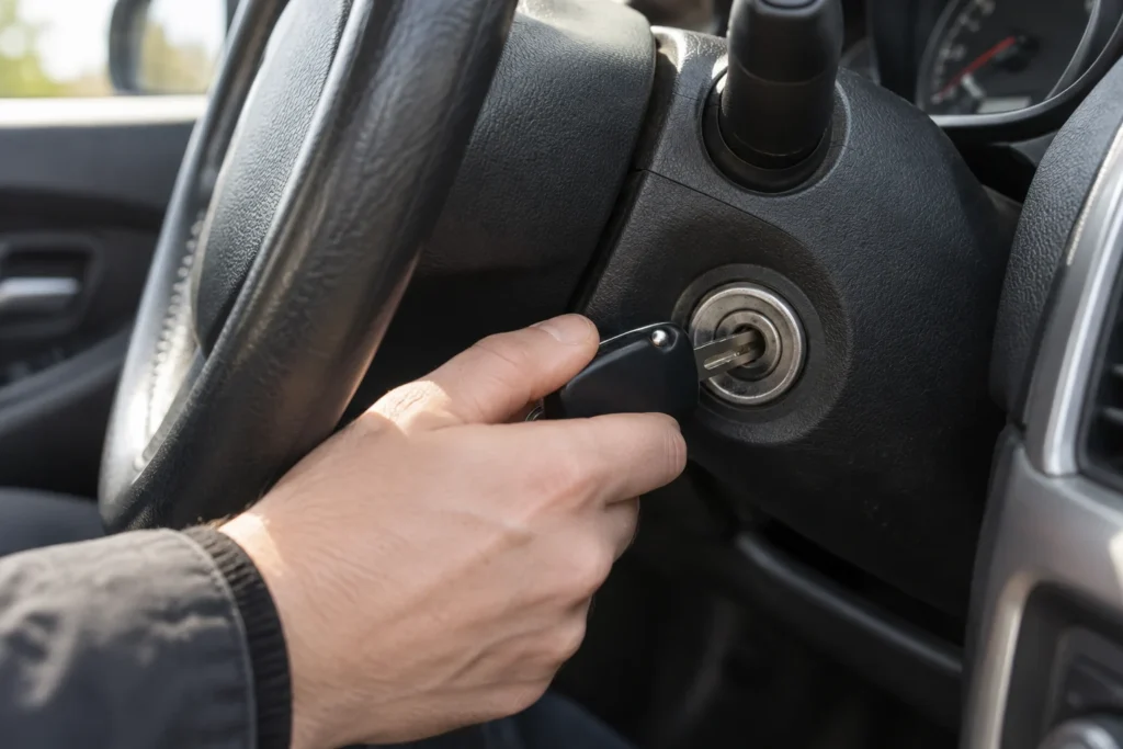 Vairuotojo ranka laiko į automobilio užvedimo spyną įstatytą raktą.