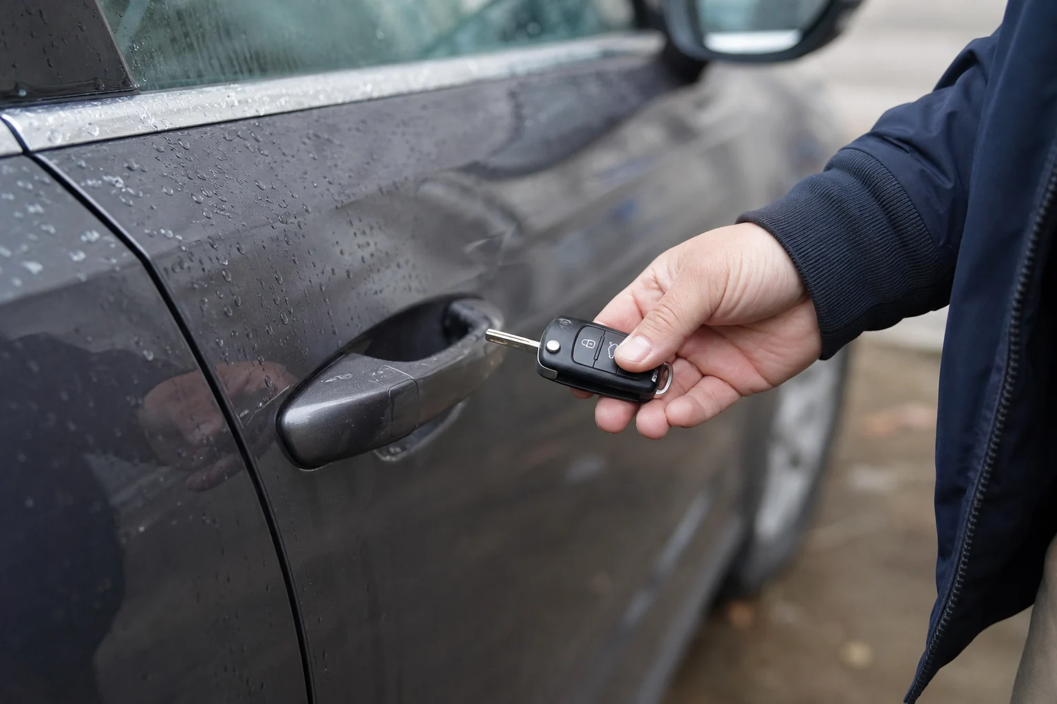 Ranka laiko rakto pultelį prie automobilio durų rankenos.