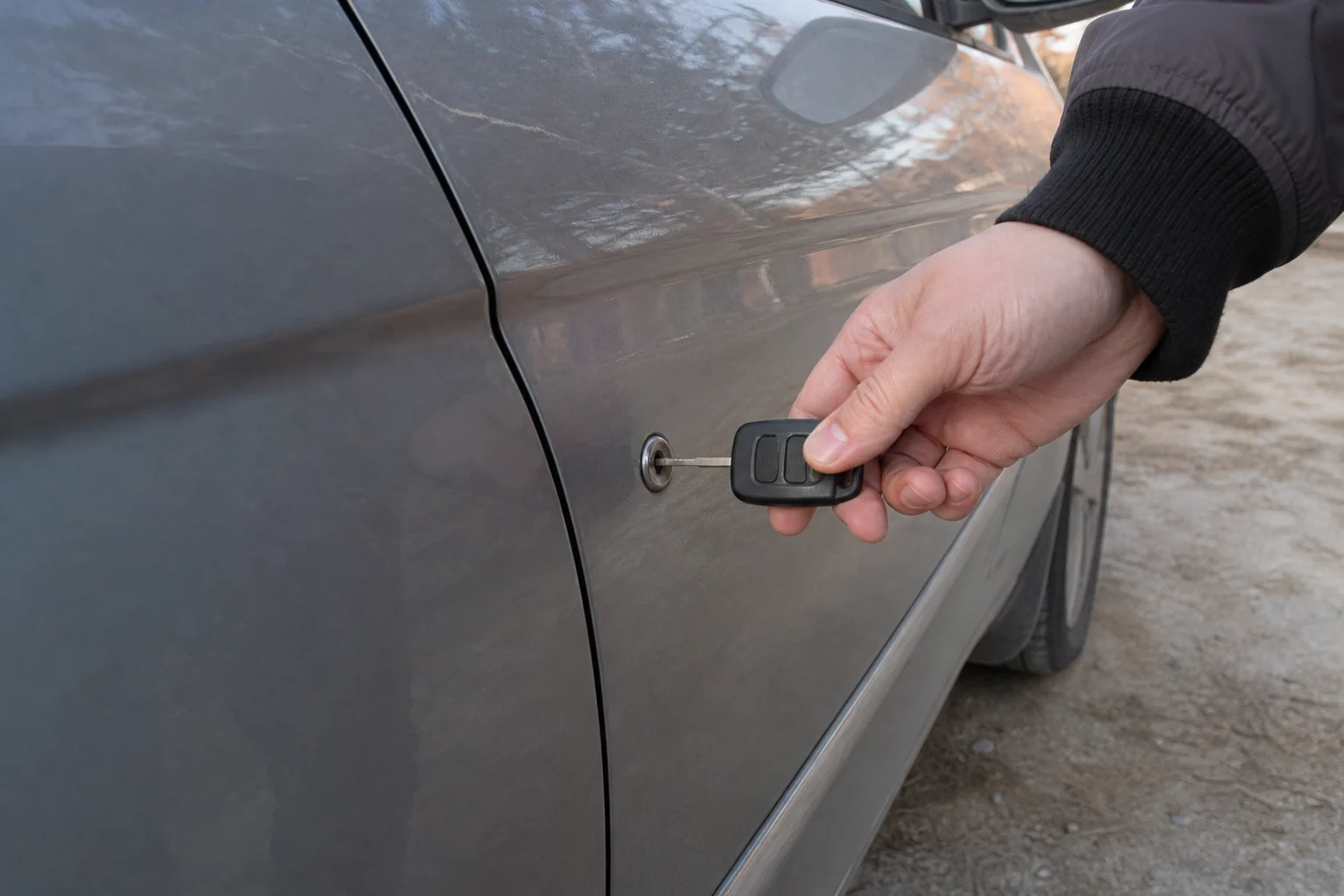 Metalinė automobilio rakto geležtė laikoma prie durelių spynelės.